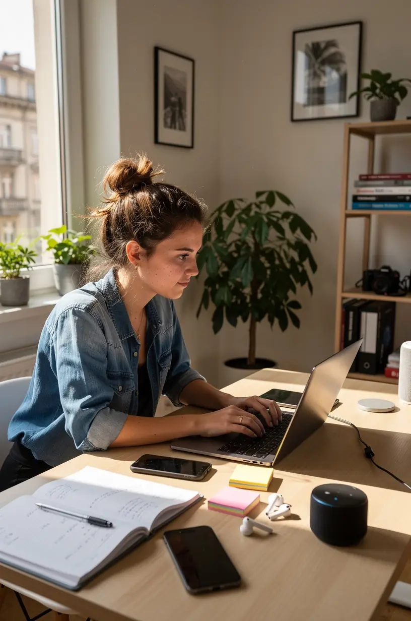 Un birou modern cu un laptop și un caiet, ilustrând utilizarea instrumentelor digitale pentru productivitate.